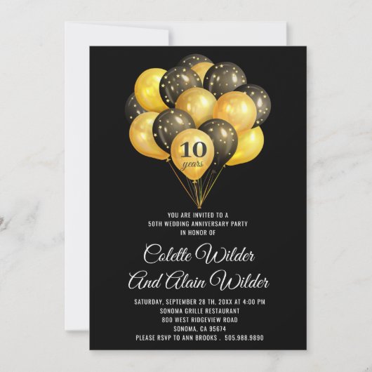 Invitation d'anniversaire de mariage de 10 ans or  (Devant)