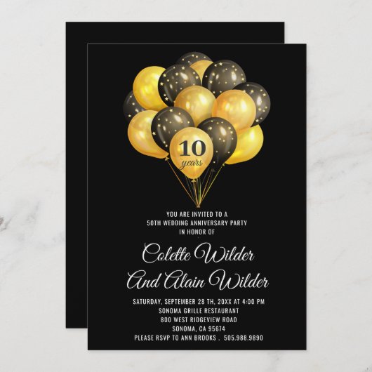 Invitation d'anniversaire de mariage de 10 ans or  (Devant / Derrière)