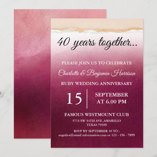 Invitation d'anniversaire de mariage de 40 ans en  (Devant / Derrière)