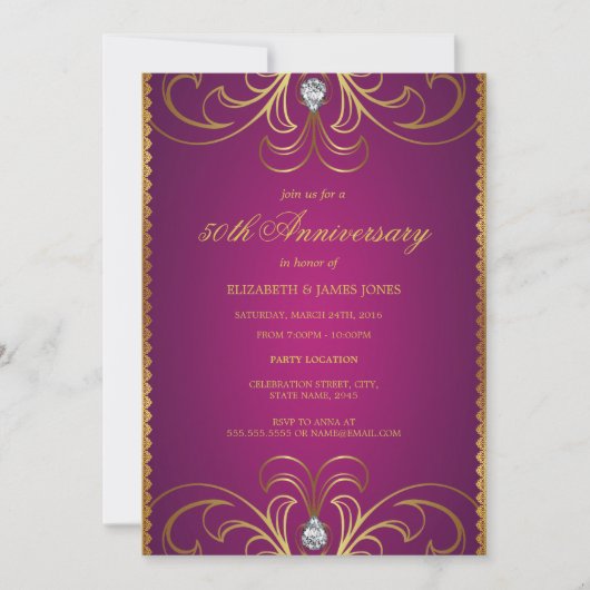 Invitation d'anniversaire de mariage de 50 ans ros (Devant)
