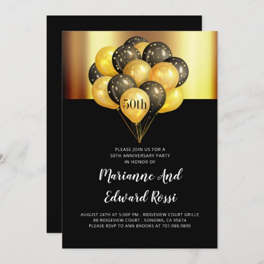 Invitation d'anniversaire de mariage en or et noir (Devant / Derrière)