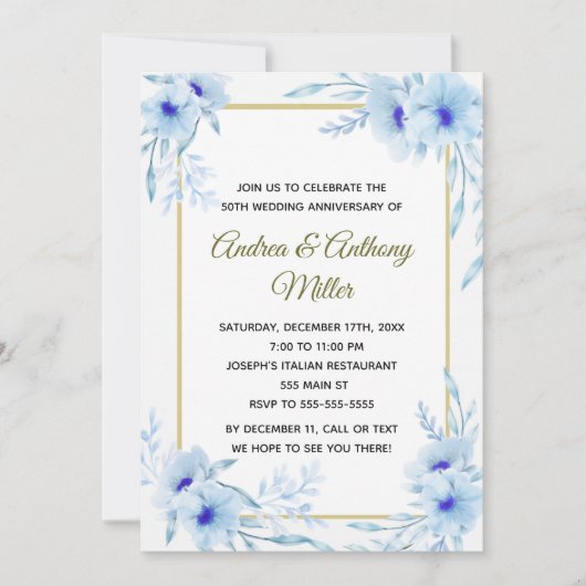 Invitation d'anniversaire de mariage floral bleu o (Devant)