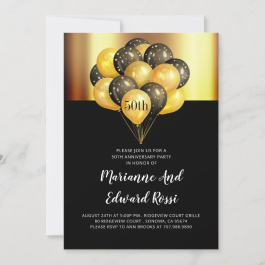 Invitation d'anniversaire de mariage noir or 50 an (Devant)