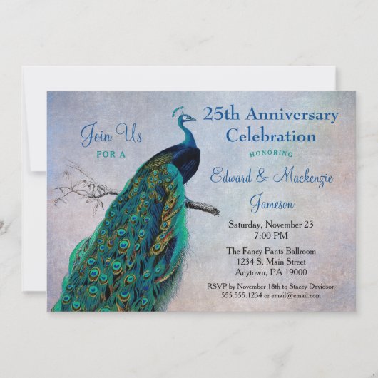 Invitation d'anniversaire de mariage Paon Oiseau b (Devant)