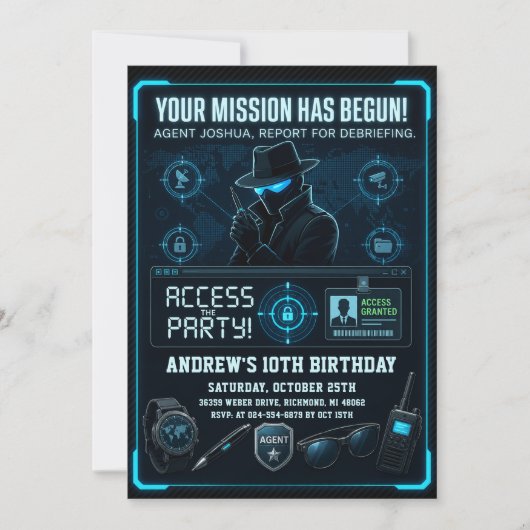 Invitation d'anniversaire de mission d'espionnage (Devant)