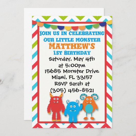 Invitation d'anniversaire de Monster (Devant / Derrière)