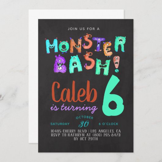 Invitation d'anniversaire de Monster Bash (Devant / Derrière)