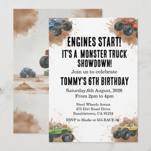 Invitation d'anniversaire de Monster Truck (Devant / Derrière)