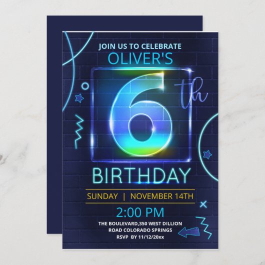 Invitation d'anniversaire de Neon (Devant / Derrière)