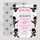 Invitation d'anniversaire de ninja rose - Fête de (Devant / Derrière)