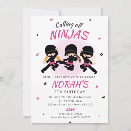 Invitation d'anniversaire de ninja rose pour fille (Devant)