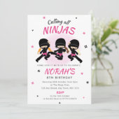 Invitation d'anniversaire de ninja rose pour fille (Debout devant)