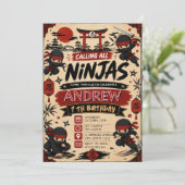 Invitation d'anniversaire de ninjas samouraïs pers (Debout devant)