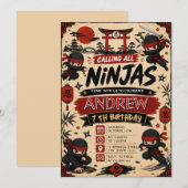 Invitation d'anniversaire de ninjas samouraïs pers (Devant / Derrière)