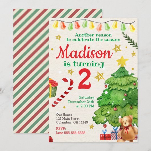 Invitation d'anniversaire de Noël Aquarelle Vintag (Devant / Derrière)