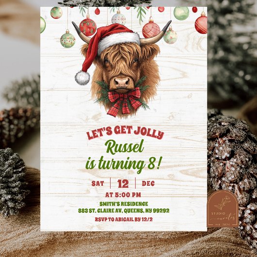 Invitation d'anniversaire de Noël de vache highlan