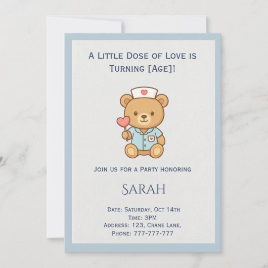 Invitation d'anniversaire de nounours infirmière (Devant)