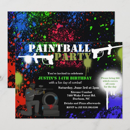Invitation d'anniversaire de paintball afro-améric (Devant / Derrière)
