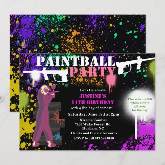 Invitation d'anniversaire de paintball pour fille (Devant / Derrière)