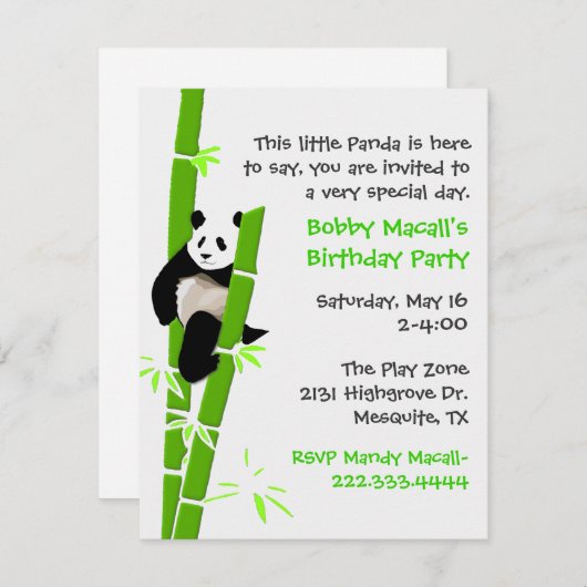Invitation d'anniversaire de panda (Devant / Derrière)