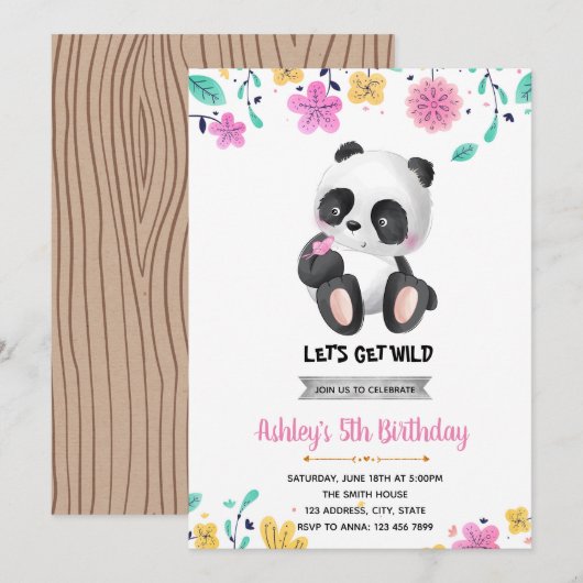 Invitation d'anniversaire de panda fille (Devant / Derrière)