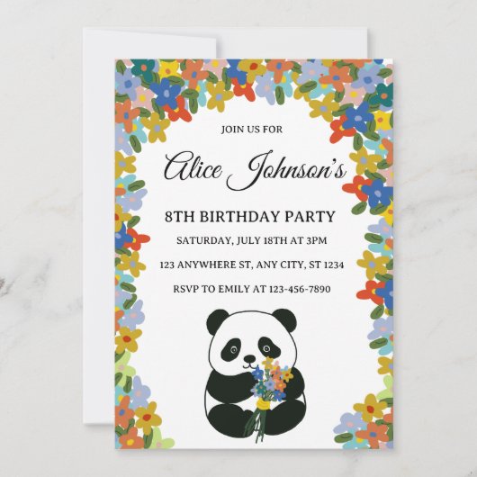 Invitation d'anniversaire de Panda, Fleur Panda An (Devant)
