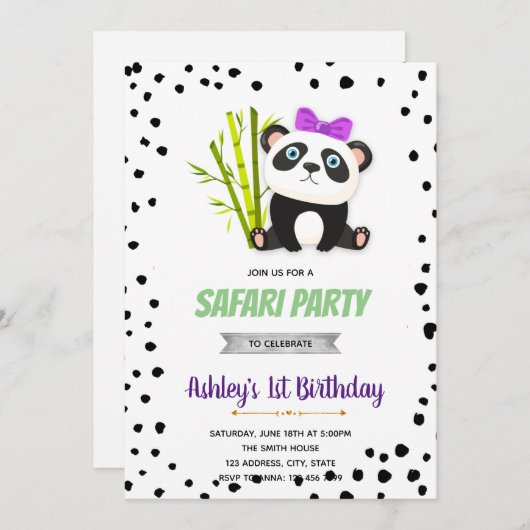 Invitation d'anniversaire de panda violet (Devant / Derrière)