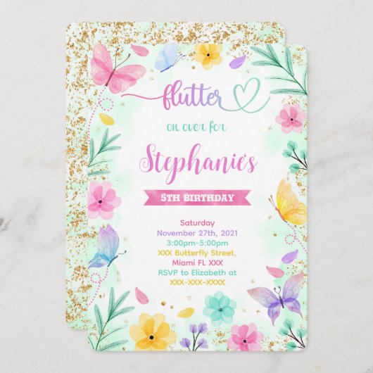 Invitation d'anniversaire de papillon (Devant / Derrière)