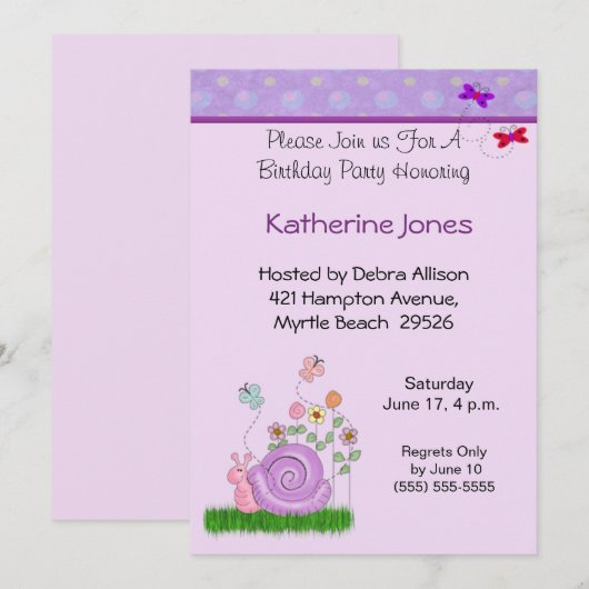 Invitation d'anniversaire de papillon et d'escargo (Devant / Derrière)