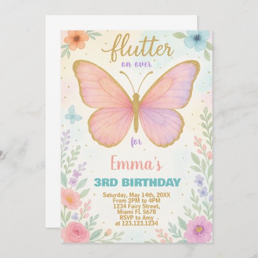 Invitation d'anniversaire de papillon lunaire (Devant / Derrière)