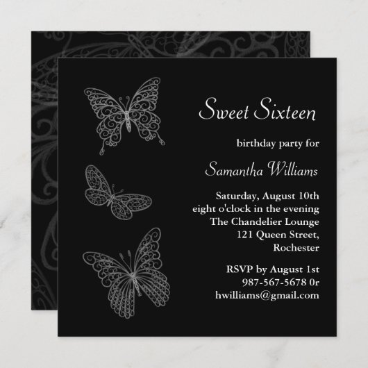 Invitation d'anniversaire de papillon (noir) (Devant / Derrière)
