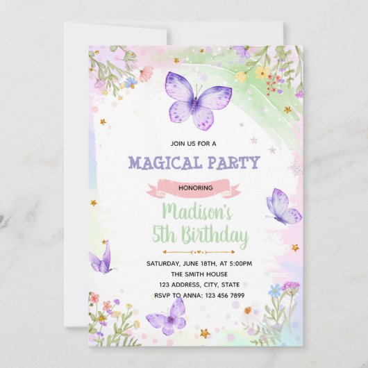 Invitation d'anniversaire de papillon pourpre (Devant)