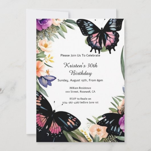 Invitation d'anniversaire de papillon simple (Devant)