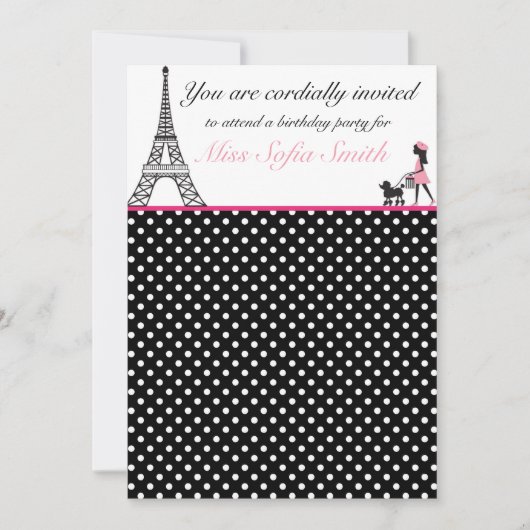 Invitation d'anniversaire de Paris rose et noir (Devant)