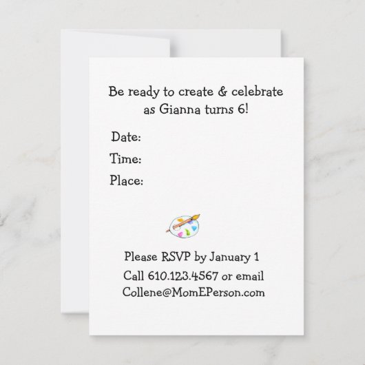 Invitation d'anniversaire de partie d'artiste (Dos)