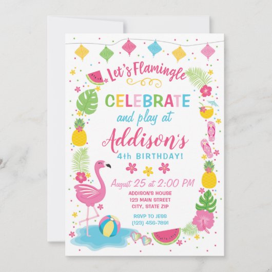Invitation d'anniversaire de partie de Flamingle (Devant)