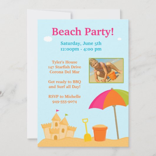 Invitation d'anniversaire de partie de plage (Devant)