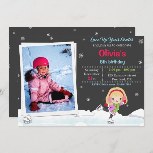 Invitation d'anniversaire de patinage sur glace In (Devant / Derrière)