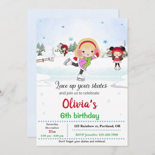 Invitation d'anniversaire de patinage sur glace In (Devant / Derrière)