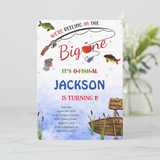 Invitation d'anniversaire de pêche modifiable (Debout devant)