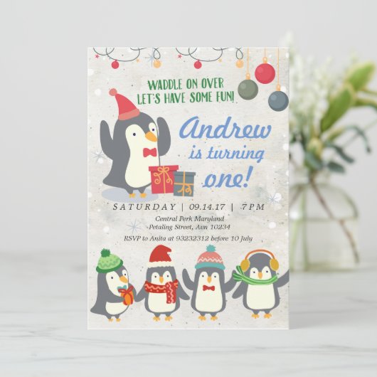 Invitation d'anniversaire de Penguin d'hiver (Debout devant)