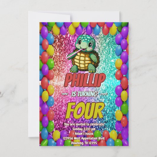 Invitation d'anniversaire de personnage de tortue (Devant)