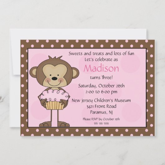 Invitation d'anniversaire de petit gâteau de singe (Devant)