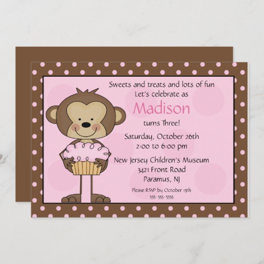 Invitation d'anniversaire de petit gâteau de singe (Devant / Derrière)