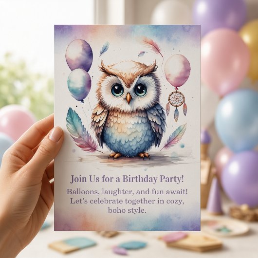 Invitation d'anniversaire de petite chouette bois