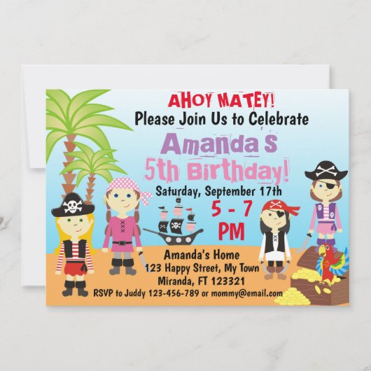 Invitation d'anniversaire de petite fille pirate p (Devant)