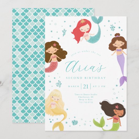 Invitation d'anniversaire de petite sirène arc-en- (Devant / Derrière)
