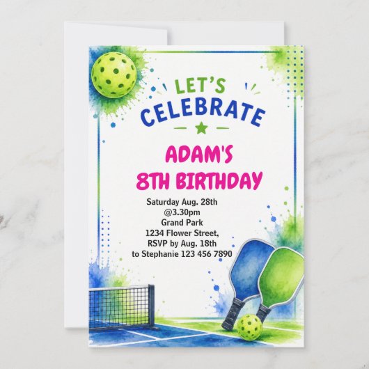Invitation d'anniversaire de Pickleball Aquarelle (Devant)