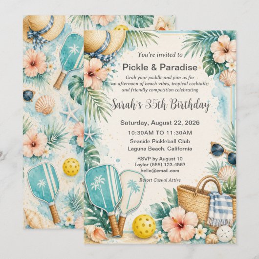 Invitation d'anniversaire de pickleball côtier tro (Devant / Derrière)