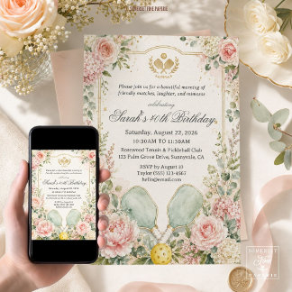 Invitation d'anniversaire de pickleball floral ros